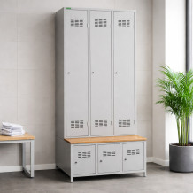 #03 STANDARD 3 PLUS – 3+3-türiger Kleiderschrank mit eingebauter Bank und Schuhschränken, RAL 9010