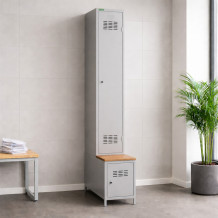 #03 STANDARD 1 PLUS – 1+1-türiger Kleiderschrank mit langen Türen, eingebauter Sitzbank und Schuhschrank, RAL 9010