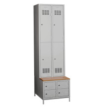 #03 MINI 4 PLUS – 4+4-türiger Kleiderschrank mit kurzen Türen, eingebauter Sitzbank und Schuhschränken