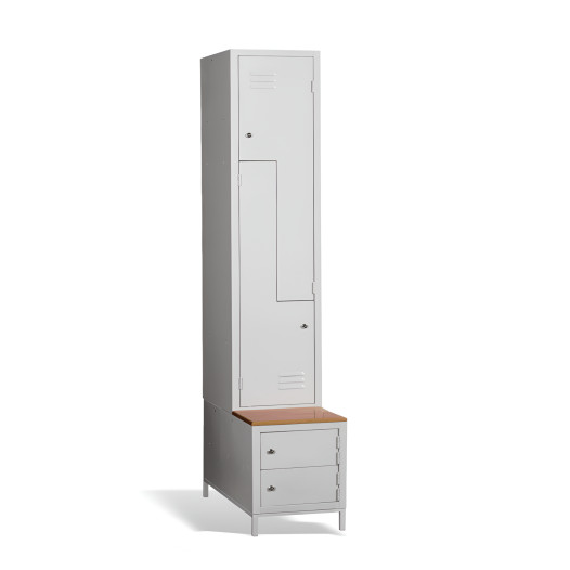#03 CIK-CAK MAXI 2 PLUS – 2+2-türiger Kleiderschrank mit Z-förmigen Türen, eingebauter Sitzbank und Schuhschränken