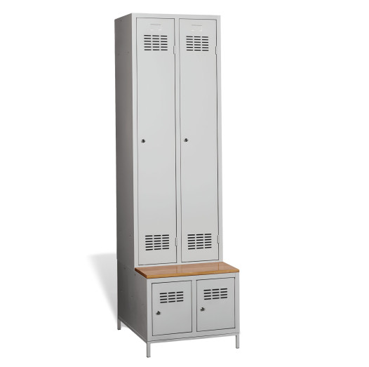 #03 STANDARD 2 PLUS – 2+2-türiger Kleiderschrank mit eingebauter Sitzbank und Schuhschränken, RAL 7035