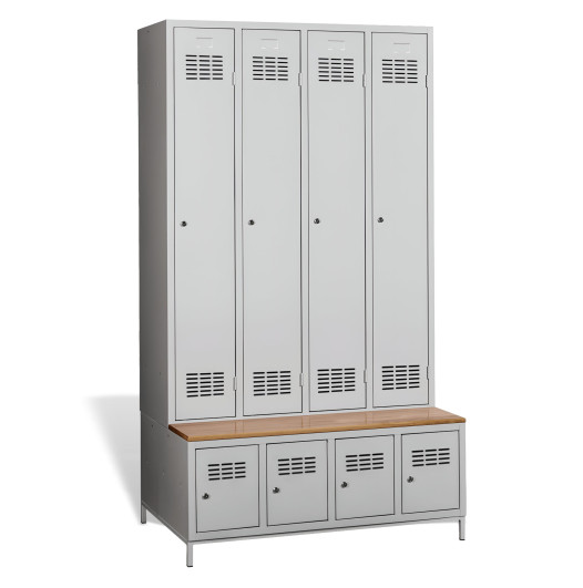 #03 STANDARD 4 PLUS – 4+4-türiger Kleiderschrank mit langer Türen, eingebauter Sitzbank und Schuhschränken, RAL 7035