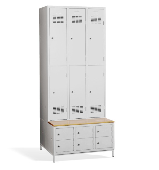 #03 MINI 6 PLUS – 6+6-türiger Kleiderschrank mit kurzen Türen, eingebauter Sitzbank und Schuhschränken