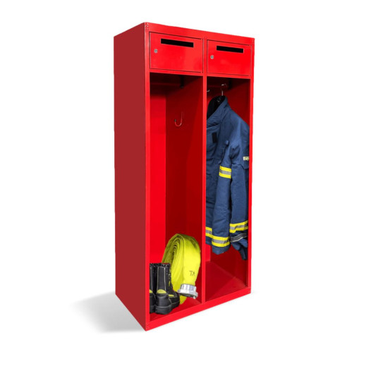 Feuerwehrgarderobe mit Spinden und großem Haken.