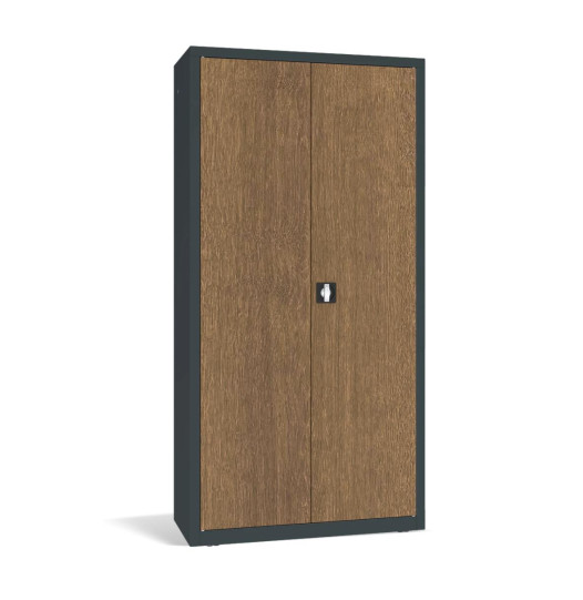 Büroschrank mit Holzfurnier an den Türen.