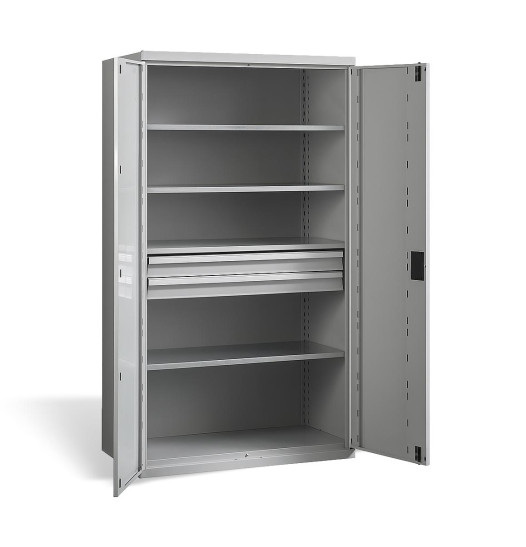 Großer Werkstattschrank mit 4 Regalen und 2 Schubladen.