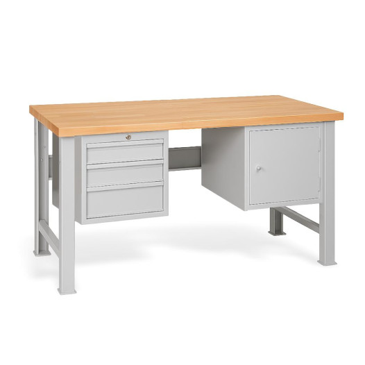Arbeitstisch mit 3 Hängeschubladen und Schrank, mit festen Beinen, 1500 mm