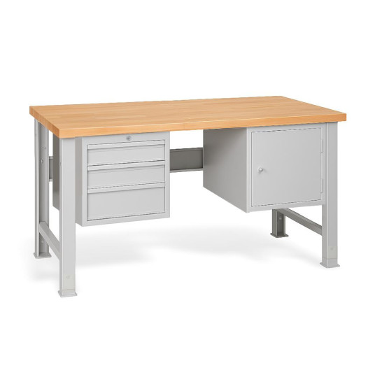 Arbeitstisch mit 3 Hängeschubladen und Schrank, mit verstellbaren Beinen, 1500 mm