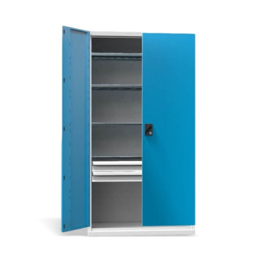 Werkstattschrank mit 4 Fachböden und 2 Schubladen, blau, mit einer Tragfähigkeit von 600 kg