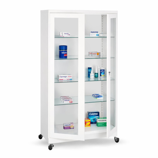 #26 MEDICINE MAXI GLASS ECONOMY - Arzneimittelschrank für Krankenhaus mit 4 Glasböden und Rollen, 1800x800x435 mm