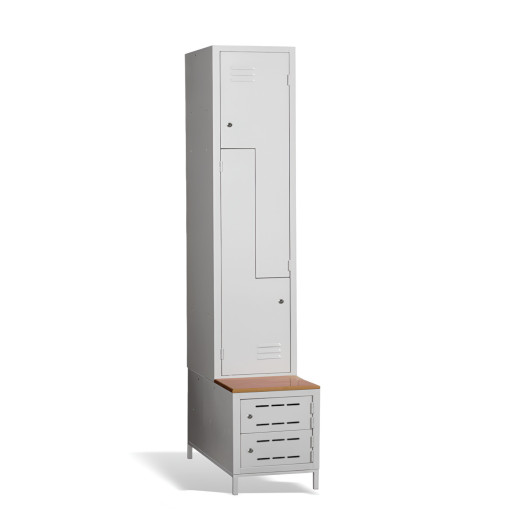 #03 CIK-CAK MAXI 2 PLUS – 2+2-türiger Kleiderschrank mit Z-förmigen Türen, eingebauter Sitzbank und Schuhschränken