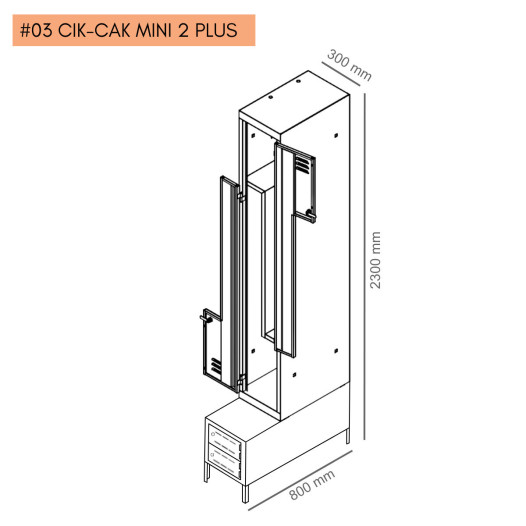 #03 CIK-CAK MINI 2 PLUS – 2+2-türiger Kleiderschrank mit Z-förmigen Türen, eingebauter Sitzbank und Schuhschränken